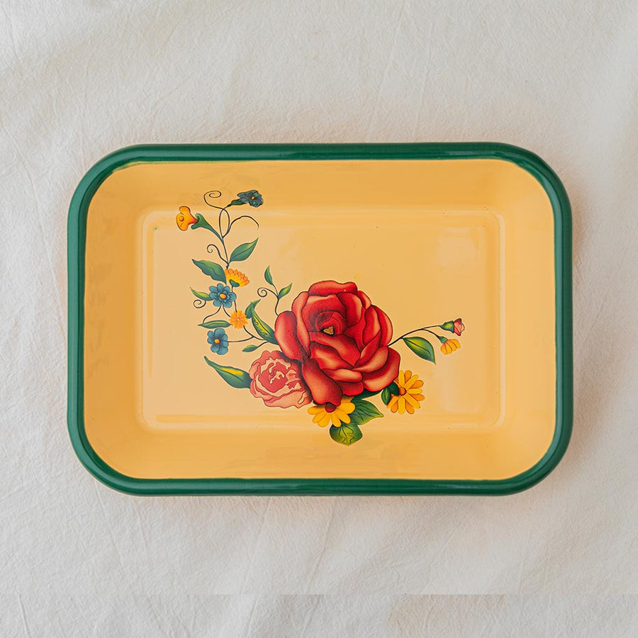 Roses Rectangular Tray With Green Border